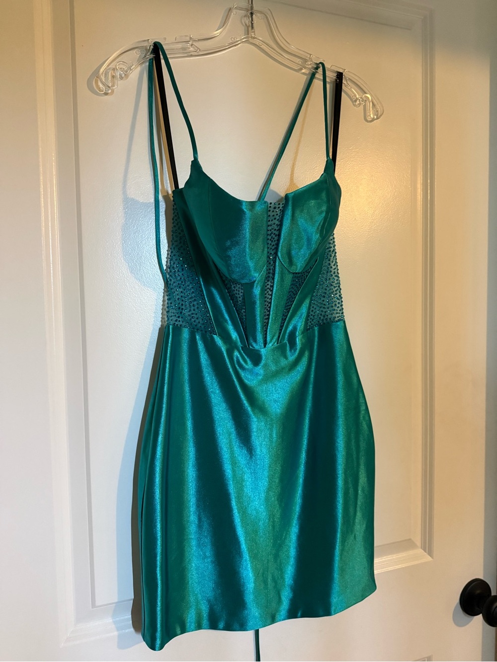 Alyce Paris Teal Satin Slip Dress with Beaded Side Panels